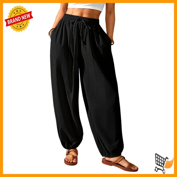 Cotton Harem Pants Elastic Waist Drawstring Loose Casual Beach Pants with